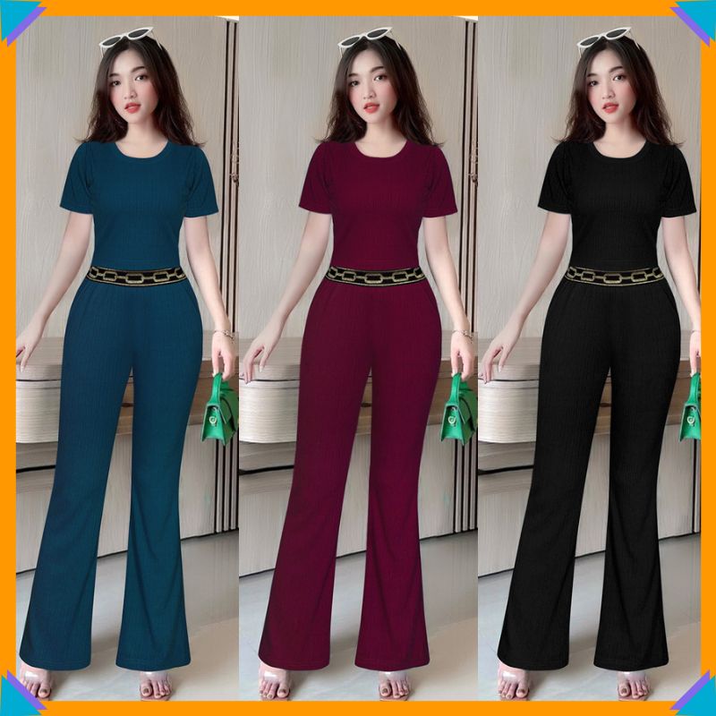 Bộ đồ dài 🌸FREESHIP🌸 Set nguyên bộ quần dài 2 túi ống loe áo cổ tròn tay ngắn xinh xắn J1196