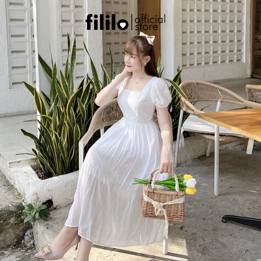 Váy Cổ Vuông Tay Phồng Dài Qua Gối Xòe Hai Tầng FILILO Đầm Dự Tiệc Thiết Kế Cao Cấp Trắng