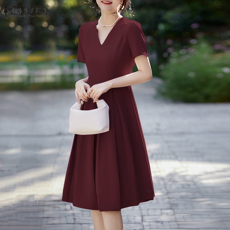 Đầm ZANZEA ngắn tay cổ chữ V xếp ly lưng cao vừa phối khóa kéo thời trang thanh lịch cho nữ