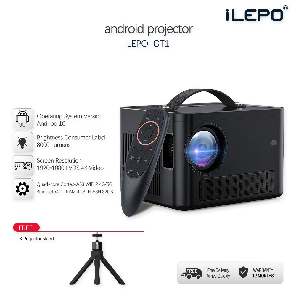 Máy chiếu Full HD 1080P độ sáng cao tích hợp hệ điều hành android 10.0 bảo hành 12 tháng GT1