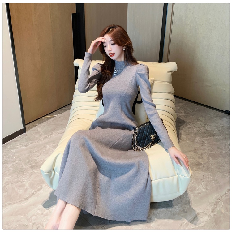 Đầm Len Dài Qua Gối Tay Dài Phồng Màu Trơn Thời Trang Cho Nữ