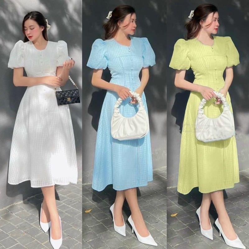 Đầm Caro Xòe Tay Phồng Nút Bọc Thời Trang Cho Nữ Đi Làm Đi Tiệc