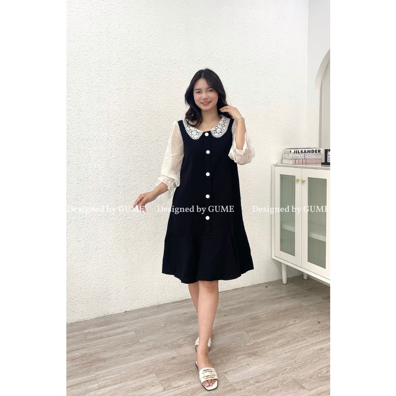 Váy Bầu Thu Đông - Đầm Bầu GUME màu đen cổ ren đuôi cá, tay voan hạt cao cấp, trẻ trung MB 175