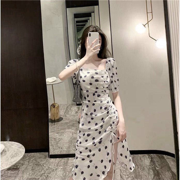 Đầm Von Hàn Quốc Cổ Vuông Tay Lửng Kèm Rút Dây 1 Bên Phối In Hoa Xinh Xắn TTSD1883
