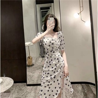 Đầm Von Hàn Quốc Cổ Vuông Tay Lửng Kèm Rút Dây 1 Bên Phối In Hoa Xinh Xắn TTSD1883