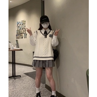 Áo vest len gile phối viền màu trắng kem dáng suông style nữ sinh Hàn Quốc đáng yêu