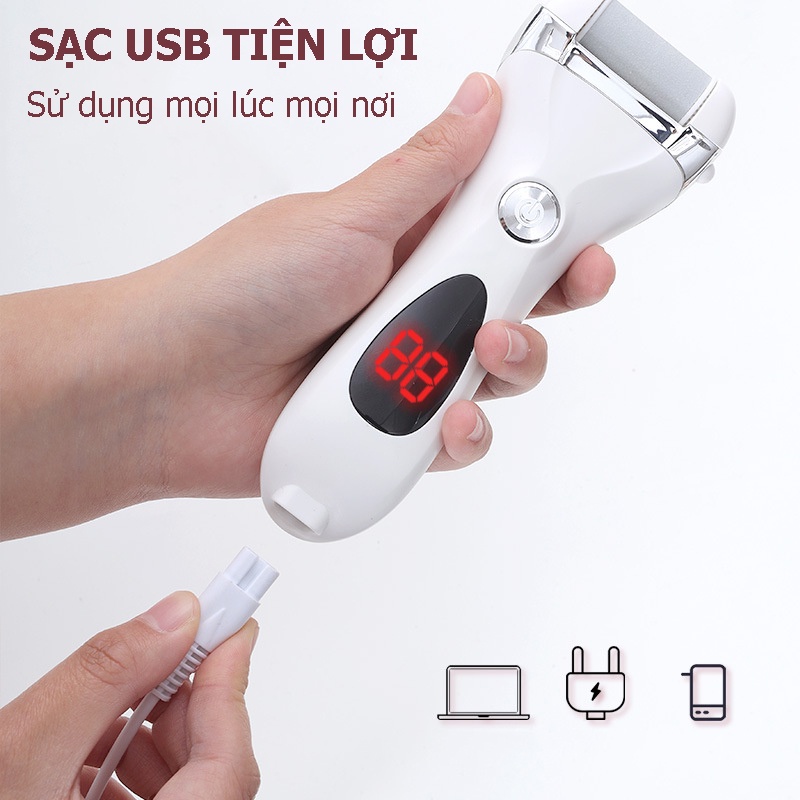 Máy Mài Gót Chân Chống Nước, Tẩy Da Chết Gót Chân Tặng Kèm 3 Đầu Chà Thạch Anh Sạc Lại Bằng USB