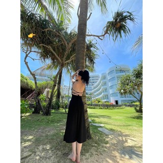 Đầm thun lụa 2 dây hở lưng đan dây dáng xòe dưới cực hot , chất thun lụa mềm mát