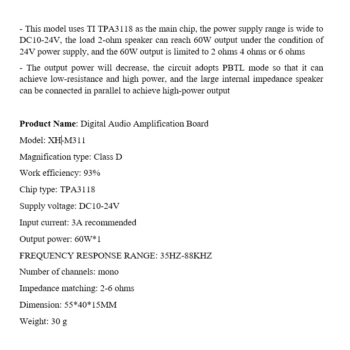 Mạch khuếch đại âm thanh mono 60W TPA3118 60W (XH-M313) Audio Amplification Board