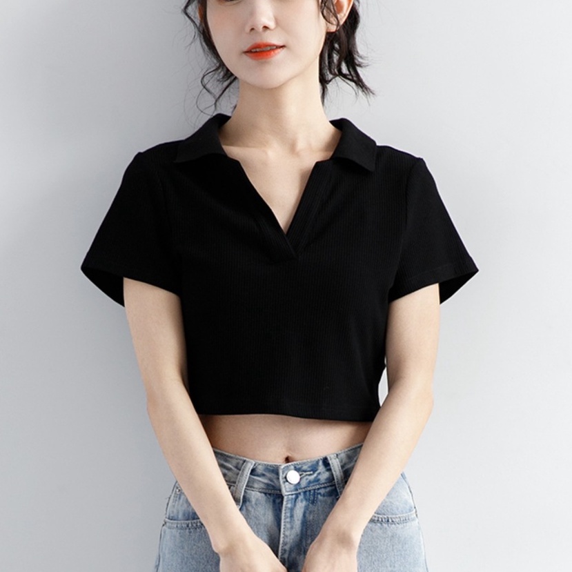 Áo Thun Croptop Polo Nữ Ngắn Tay Madela, Croptop Polo Nữ Cổ Trụ Ngắn Tay Vải Cotton Co Giãn 4 Chiều - Actn01