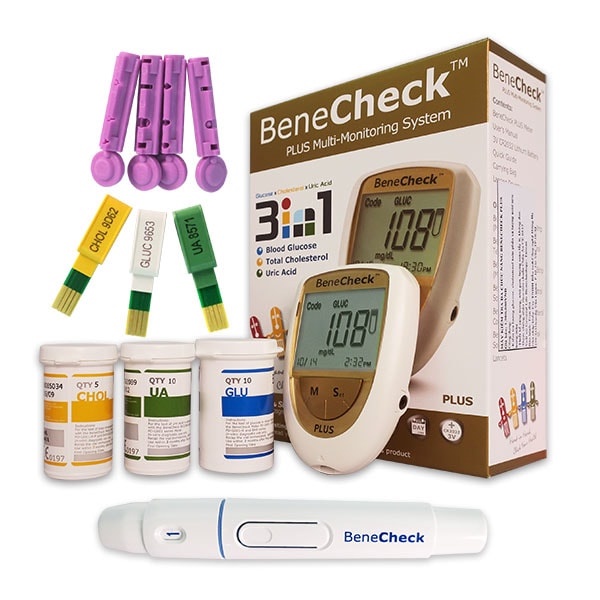 Máy đo đường huyết, mỡ máu, gút BeneCheck 3in1 tặng kèm que test