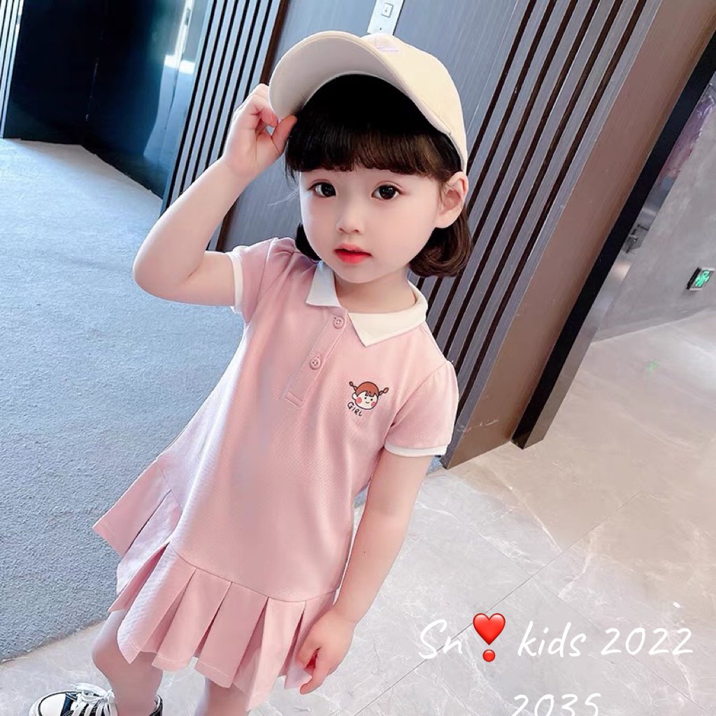 Váy cho bé gái, set váy polo cho bé đi học cổ bo dệt họa tiết GIRL tóc đỏ cho bé 8-30kg