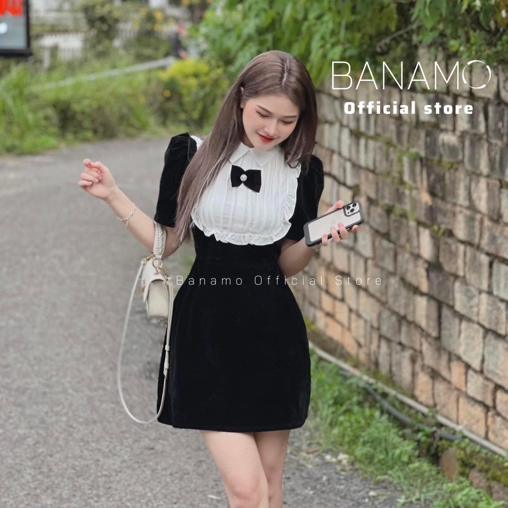 Váy nhung chính hãng Banamo Fashion đầm nhung đen cổ nơ pha bèo trắng tiểu thư 556