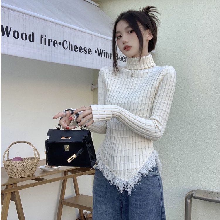 Áo Len Tay Dài Cổ Cao Dáng Ôm Phối Tua Rua Phong Cách Hàn Quốc Thời Trang Cho Nữ