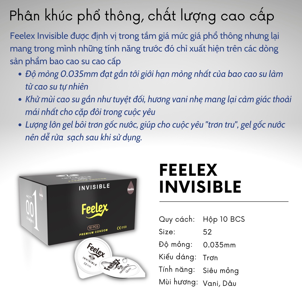 Bao cao su Feelex Invisible siêu mỏng, nhiều gel bôi trơn, hương vani - Hộp 10 bcs-olo_store