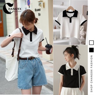 Áo croptop cổ polo phối màu đen trắng nữ dáng đẹp, áo kiểu cổ bẻ tay ngắn chất thun cotton cr33