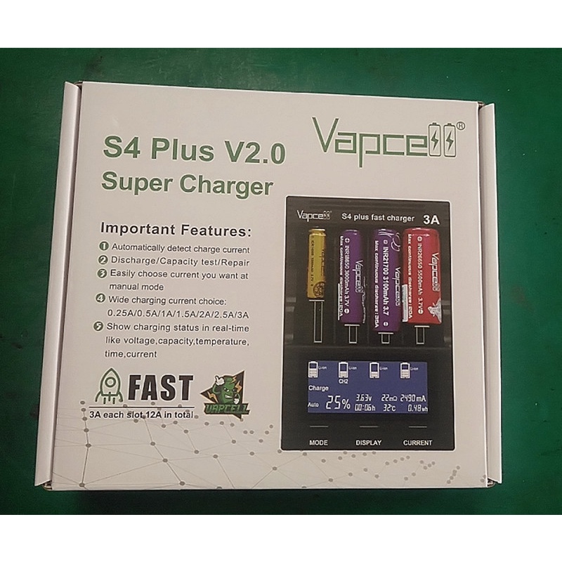 Cục sạc thông minh WURKKOS Vapcell S4 + 4 khe cắm max 3A thích hợp cho pin 10440 14500 16340 18650 21700 Và 26650