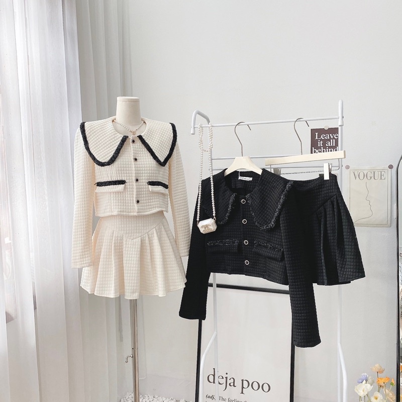 Set chân váy xếp ly kèm áo croptop, Bộ áo sơ mi ngắn cổ bẻ kèm chân váy, Set chân váy áo sơ mi cách điệu chất liệu xốp