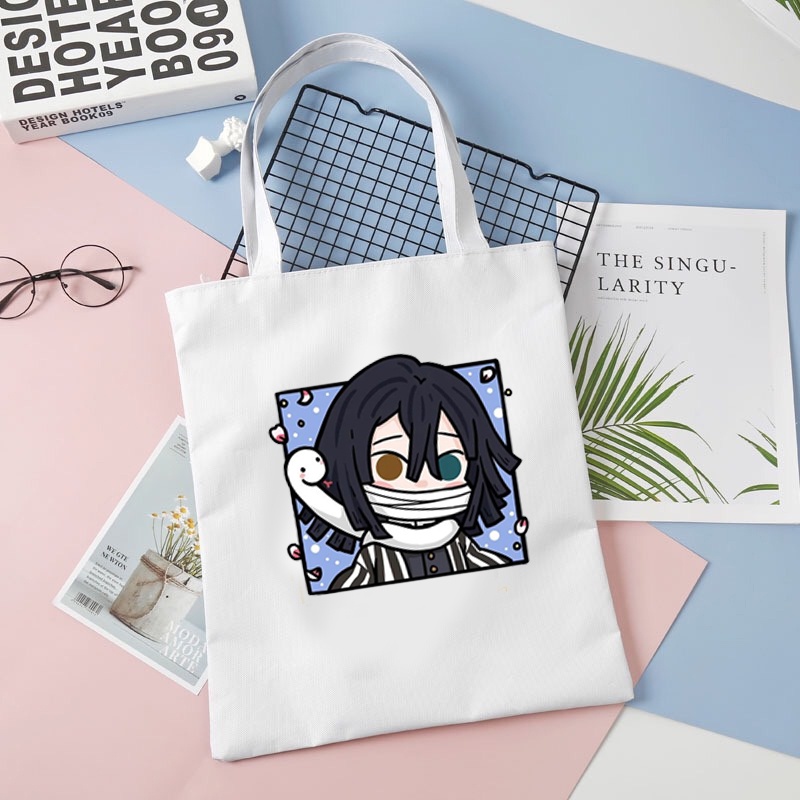 Túi tote vải đen trắng in hình KIMETSU NO YAIBA Thanh Gươm Diệt Quỷ ver CHIBI VUÔNG anime chibi tiện lợi thời trang