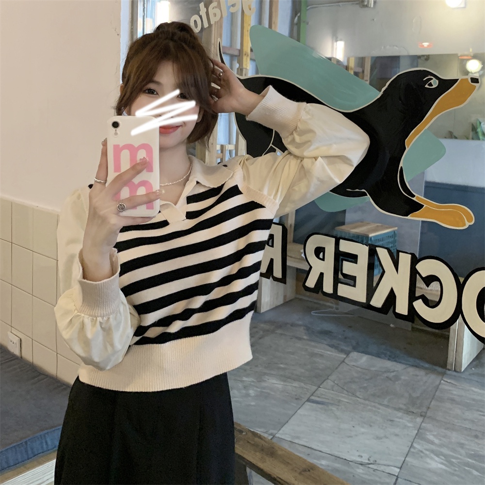 ZHELIHANGFEI Áo Thun POLO Dài Tay Giả Hai Lớp Họa Tiết Sọc Thời Trang Dành Cho Nữ