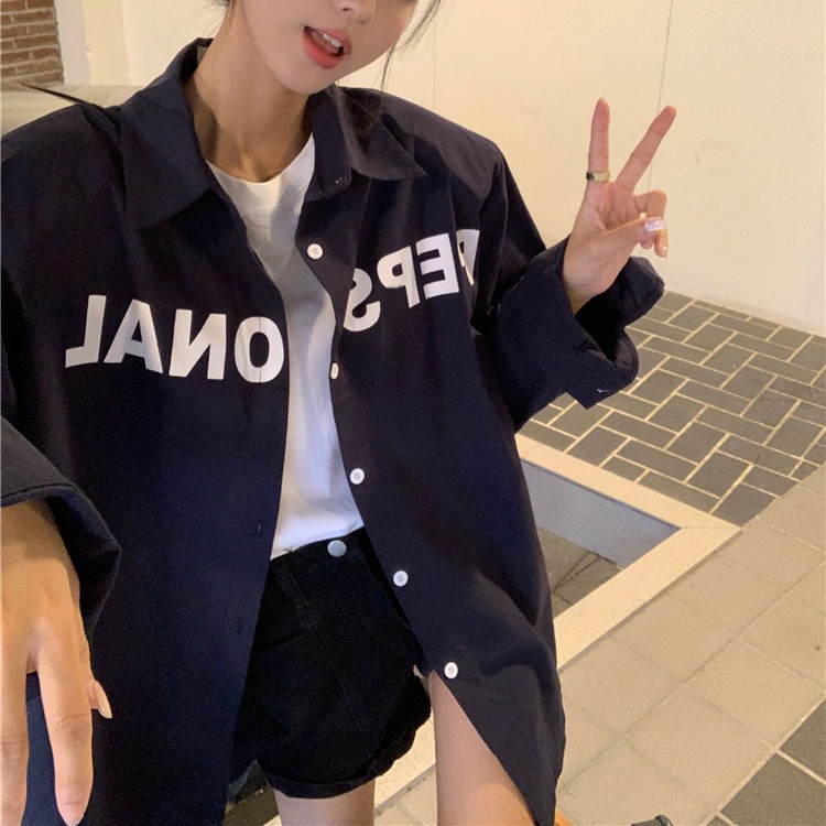 Áo sơ mi SUXI tay dài dáng rộng in chữ trẻ trung phong cách Hàn Quốc cho bạn gái