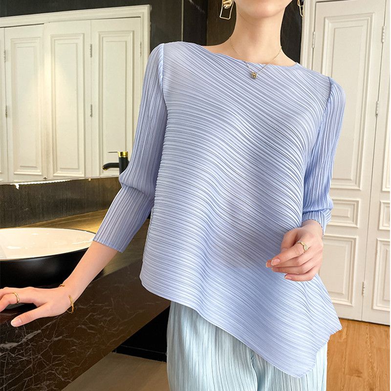 Issey Miyake Áo Thun Xếp Ly Cổ Tròn Thời Trang Xuân Hè 2023 Dành Cho Nữ