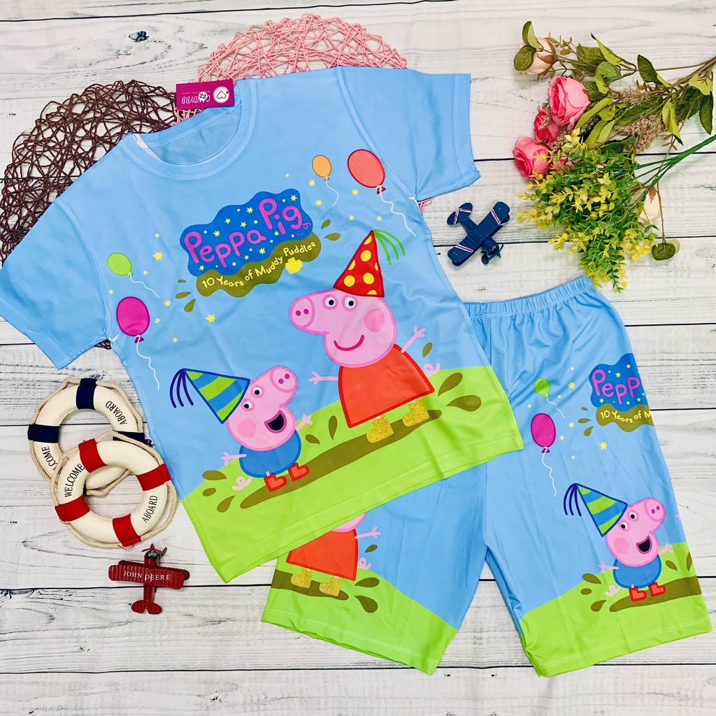 Đồ bộ thun lạnh cộc tay bé trai bé gái in 3D hình Gia Đình Heo Peppa cho bé thoáng mát