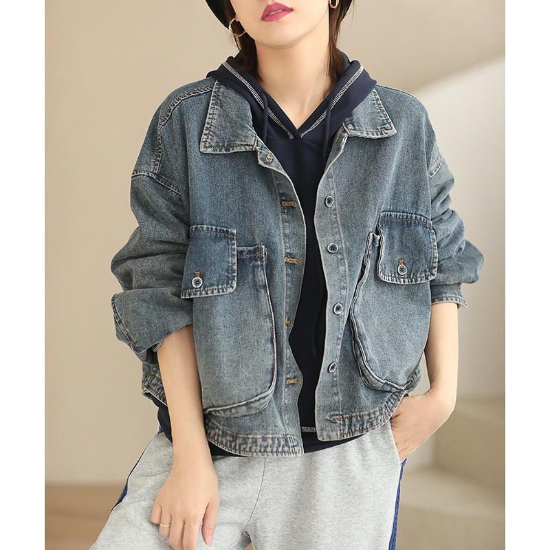 Áo Khoác Denim Dáng Rộng Phối Túi Cá Tính Dành Cho Nữ