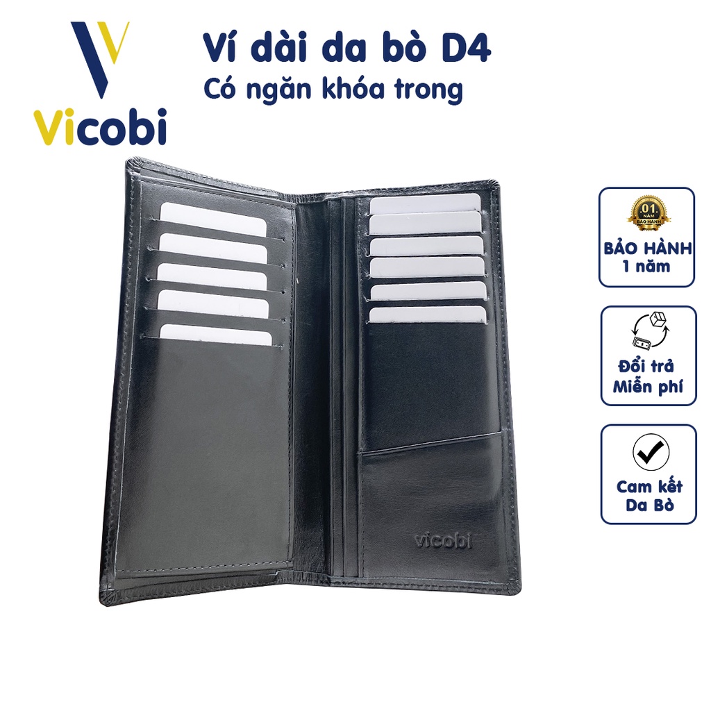 [Mã BMLT35 giảm đến 35K đơn 99K] Ví dài da bò Vicobi D4, có ngăn khóa trong để được các loại giấy tờ tùy thân cũ và mới