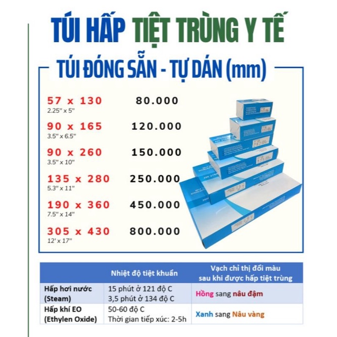 Hộp 200 túi hấp tiệt trùng đóng gói sẵn 57x130mm, 90x165mm, 90x260mm - nilong bọc hấp dụng cụ