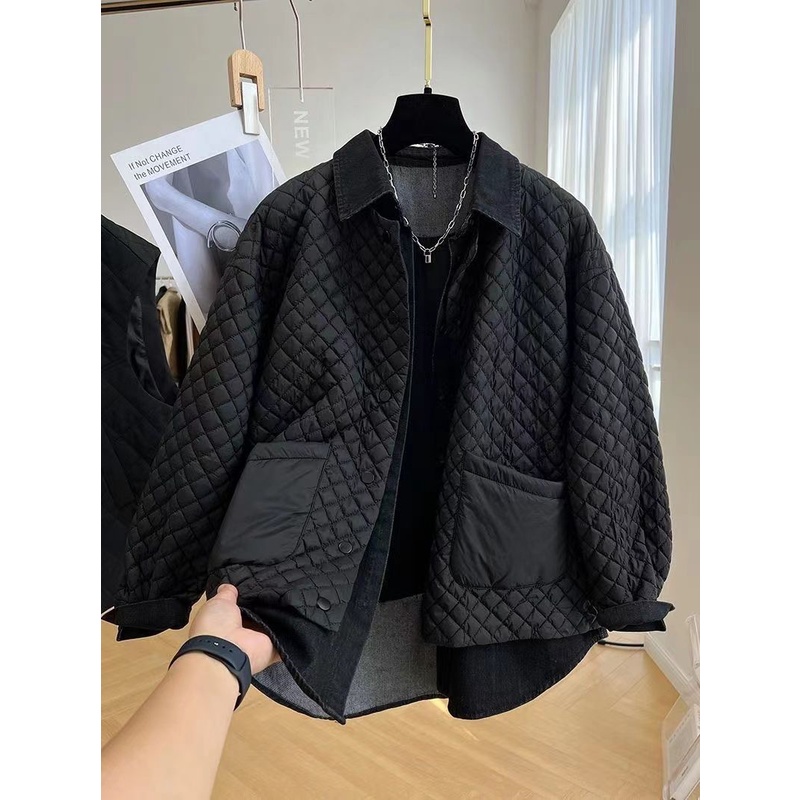 Áo Sơ Mi Denim Đệm Cotton Giả Hai Lớp Dáng Dài Thời Trang Thu Đông Cho Nữ