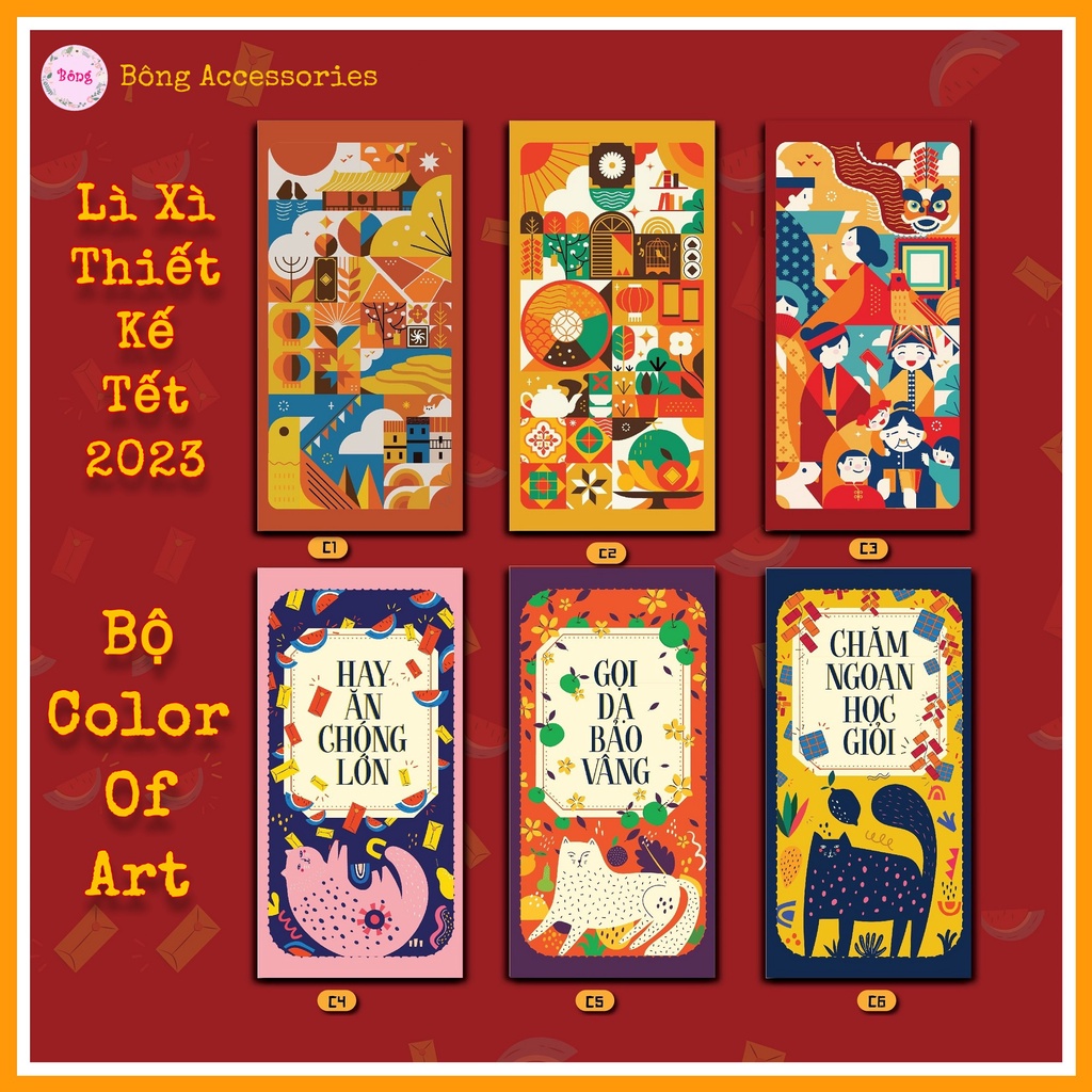 Sét 12 Bao Lì Xì Tết thiết kế đặc sắc - Hình màu sắc nghệ thuật độc đáo - Giấy C150 cán mờ in sắc nét