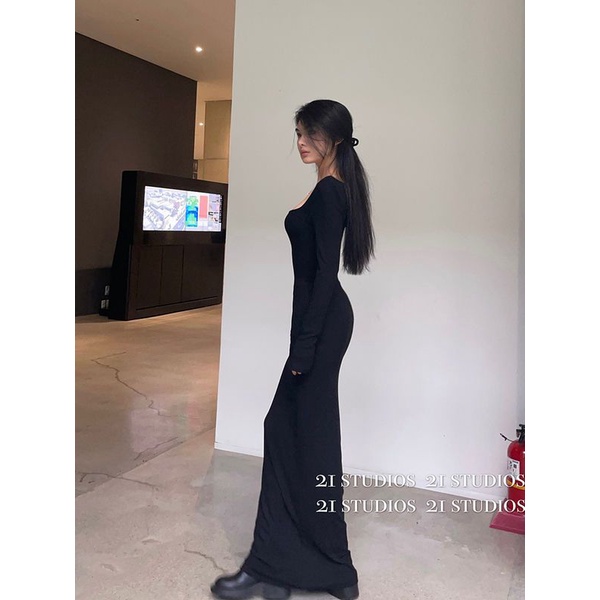 Skims Pingdi pure sexy hot girl slim-fit hip black long sleeve dress women's long skirt PJCY