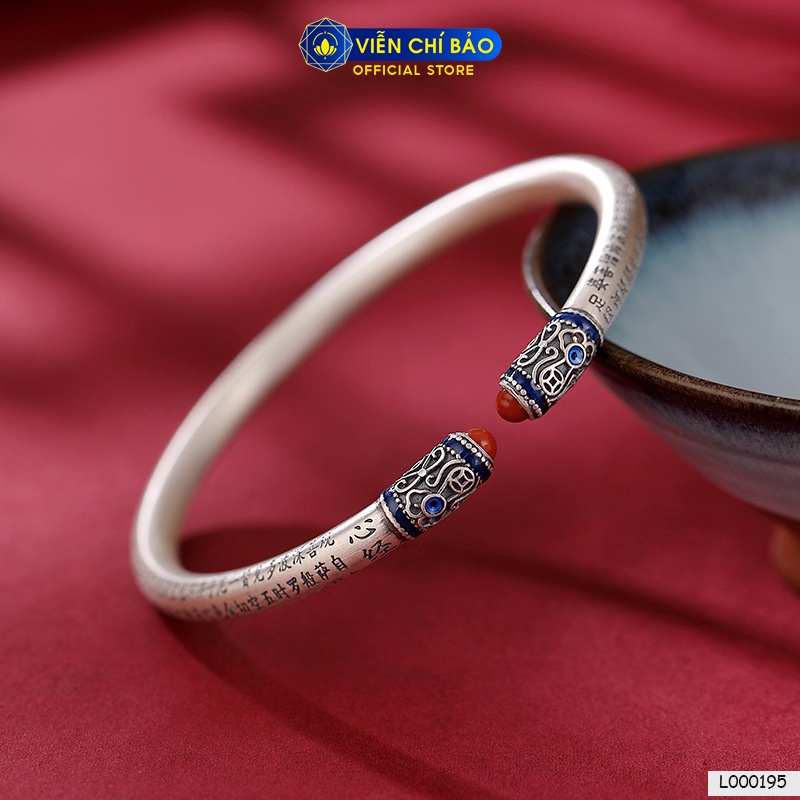 Kiềng tay bạc nữ bát nhã tâm kinh đầu trụ đá đỏ chất liệu bạc 925 thời trang phụ kiện trang sức Viễn Chí Bảo L000195