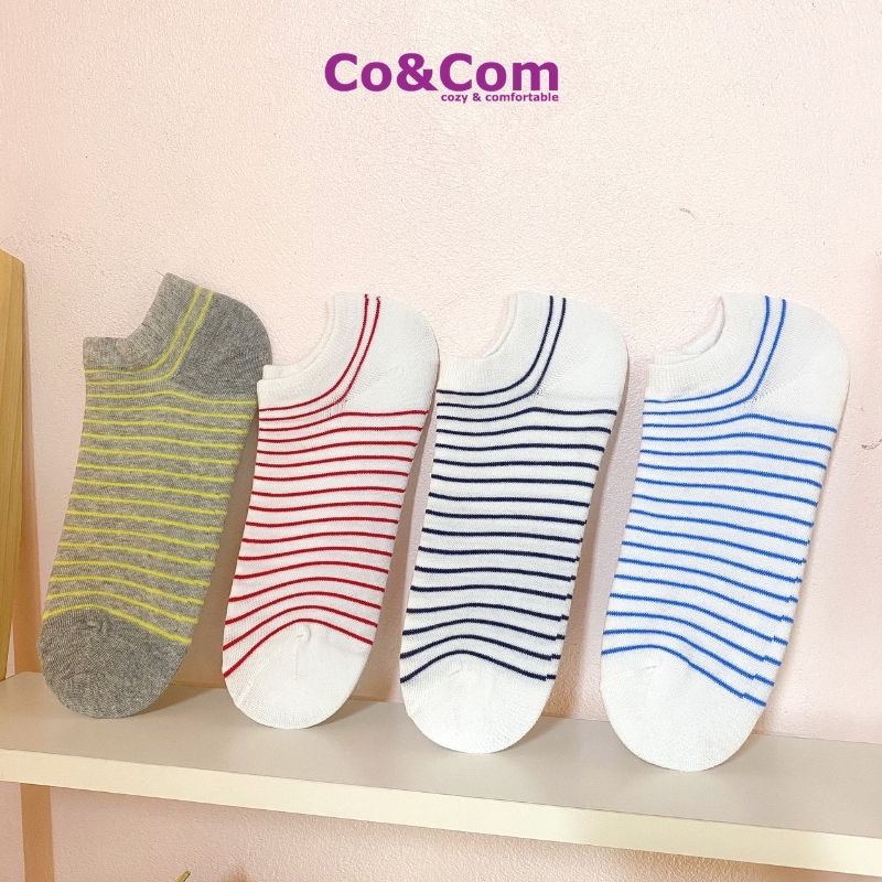 Combo 6 Đôi Tất Nữ Cổ Ngắn Kiểu Dáng Vintage Co&amp;Com Họa Tiết Kẻ Ngang Nhiều Màu DPTN006