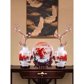Bộ ba bình gốm 2 bình kèm đĩa cao 32cm núi đỏ-phong cảnh -hoa sen-hoa mẫu đơn-bát mã