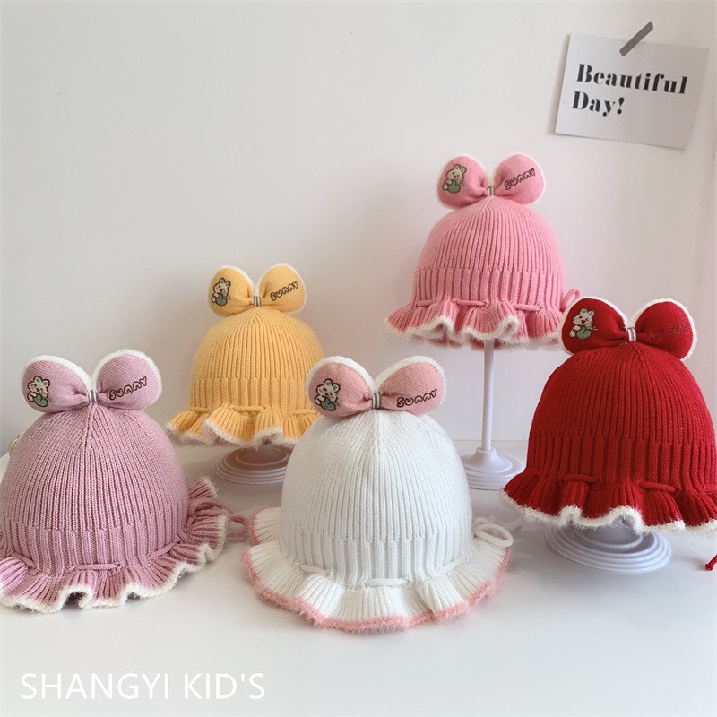 Mũ len có nơ trên đầu siêu cute dành cho bé gái - Hàng Quảng Châu Loại 1