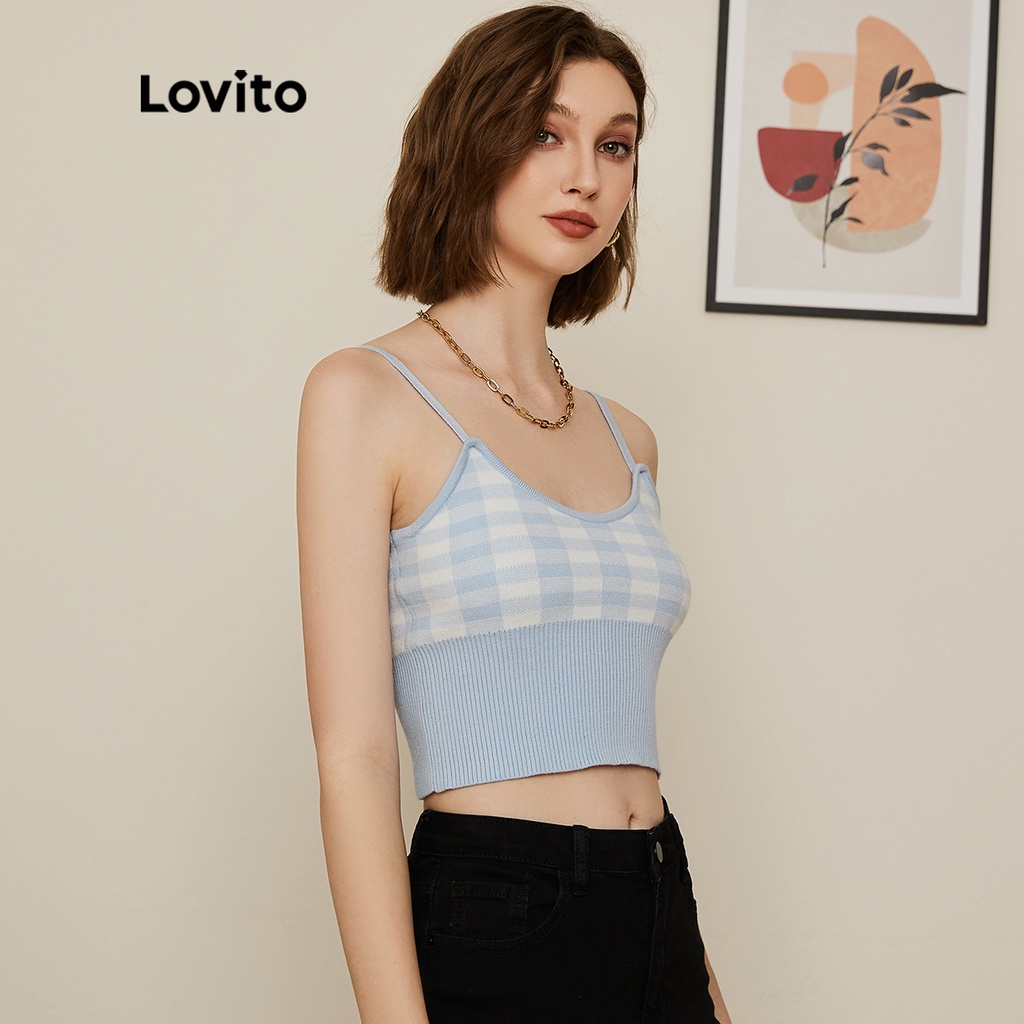 Áo dệt kim Lovito Preppy dáng ngắn vải gingham L19D064 (Màu xanh dương)