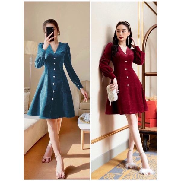 VÁY NHUNG DÀY DÁNG XOÈ A TAY BỒNG SANG CHẢNH HOT NHẤT NĂM