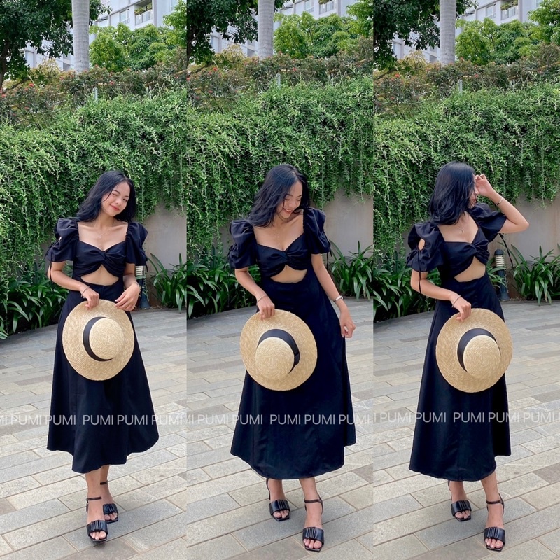 Đầm midi đen tay bồng ngắn có khoét vai cutout trước ngực freesize Pumi