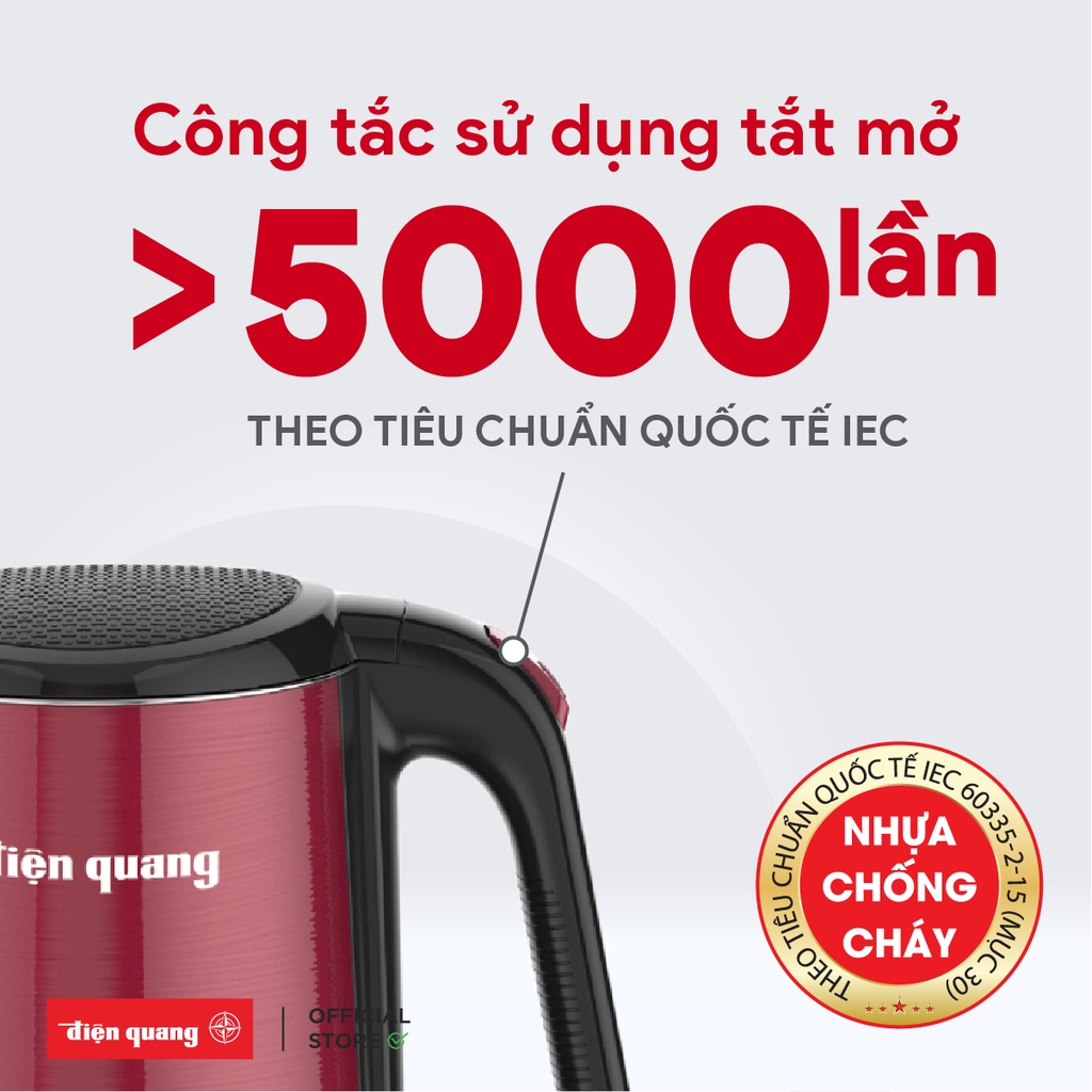 Ấm đun nước cao cấp Điện Quang ĐQ EKT08 1818 R (1800W, 1.8L, inox 304, vỏ 3 lớp, màu đỏ)