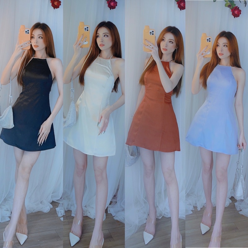 Đầm Yếm Hở lưng Viền đá Phi Lụa tK Loại 1