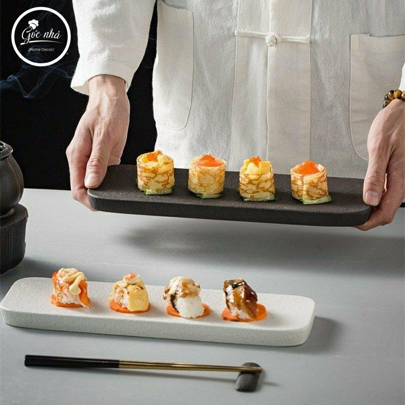 Đĩa Sushi Chữ Nhật Vân Sần Cao Cấp Chất Liệu Sứ Tráng Men Bền Phong Cách Hiện Đại