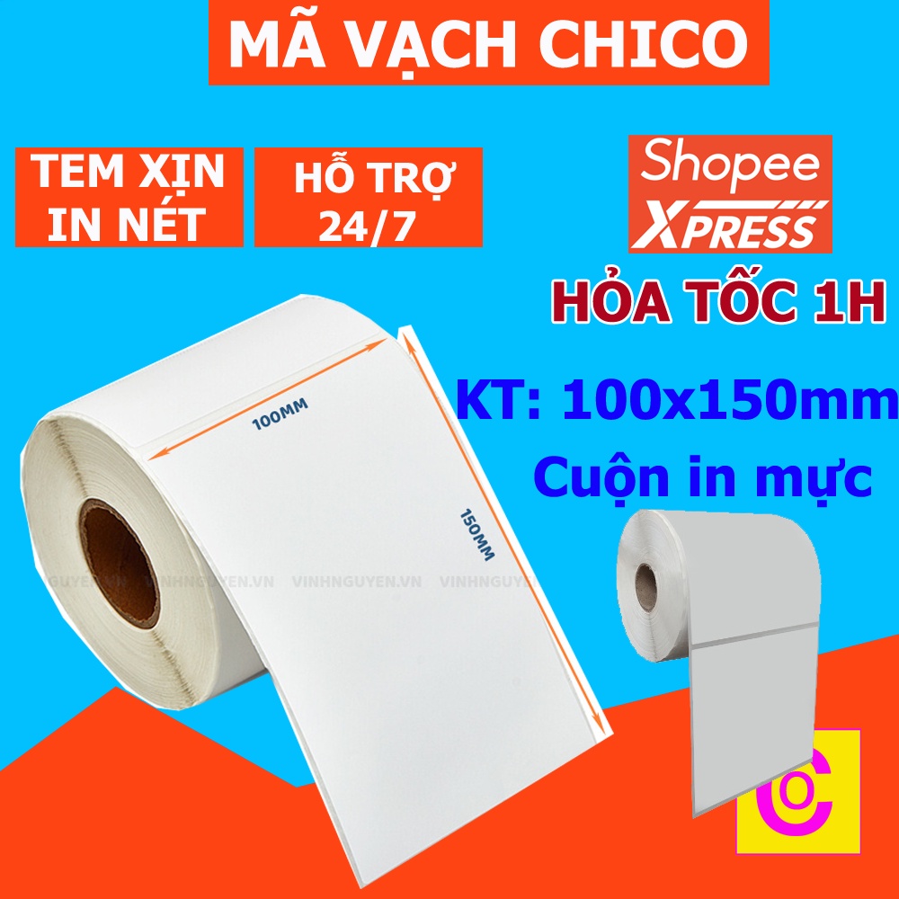 Giấy in mã vận đơn thương mại điện tử khổ 100x150 mm, cuộn 50m, 320 tem, giấy thường in mực