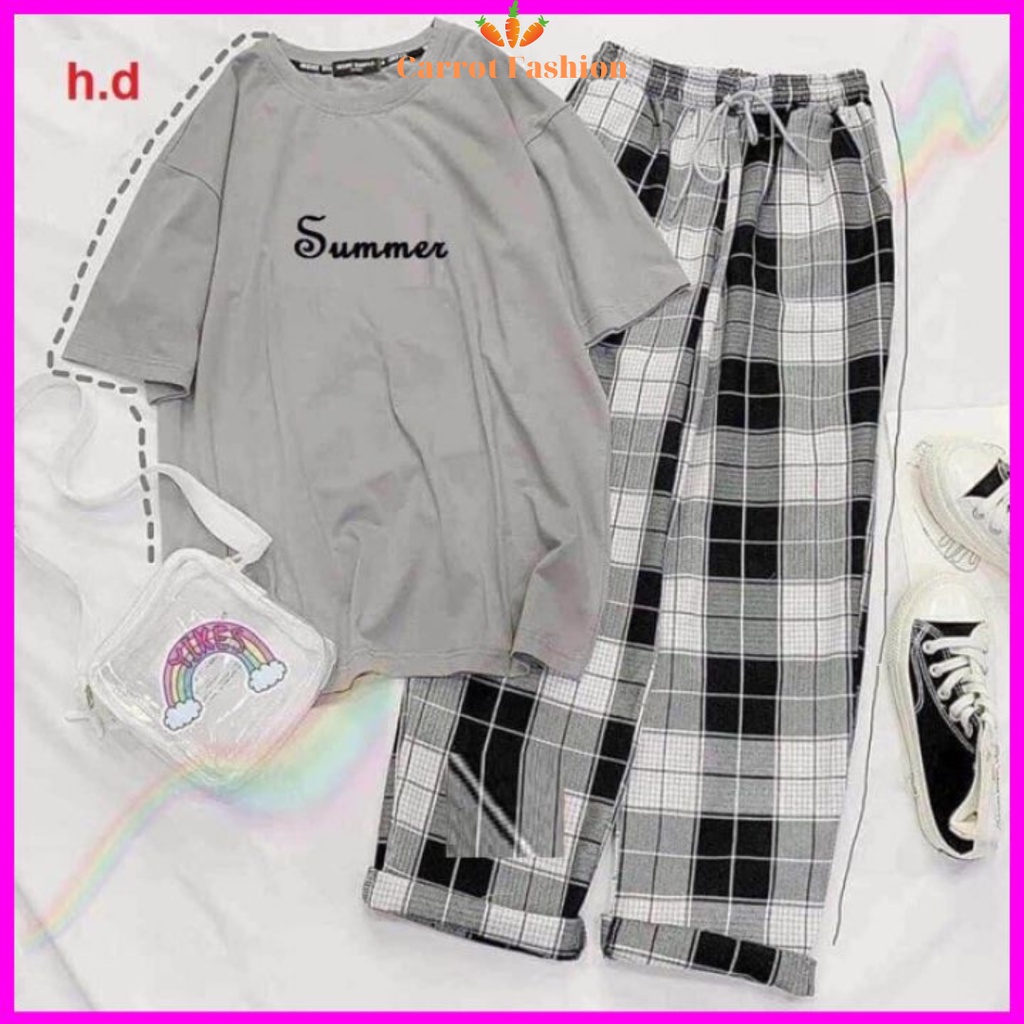Hàng Loại 1: Set Đồ Nữ Đi Chơi Đi Học CARROT FASHION, Sét Đồ Bộ Nữ Cotton Áo Thun In SUMMER Mix Quần Ống Rộng Kẻ Caro