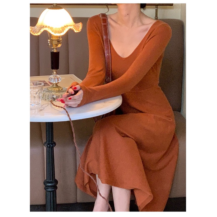 Đầm midi nữ SUXI dệt kim cổ V ôm dáng eo cao thời trang mùa thu