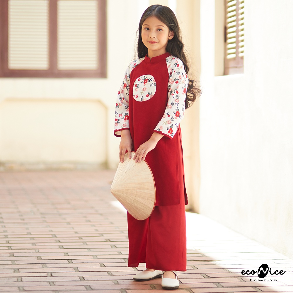 Áo dài tết cách tân màu đỏ họa tiết cho bé gái, bé trai Econice AD024. Size váy trẻ em 3, 4, 5, 6, 7, 8, 9, 11, 12 tuổi