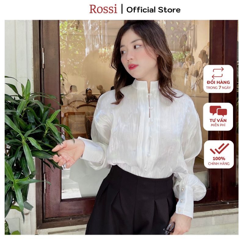 Áo sơ mi nữ Rossi cổ trụ tay phồng cúc ngọc tiểu thư chất liệu tơ lụa mền mịn không nhăn nhàu