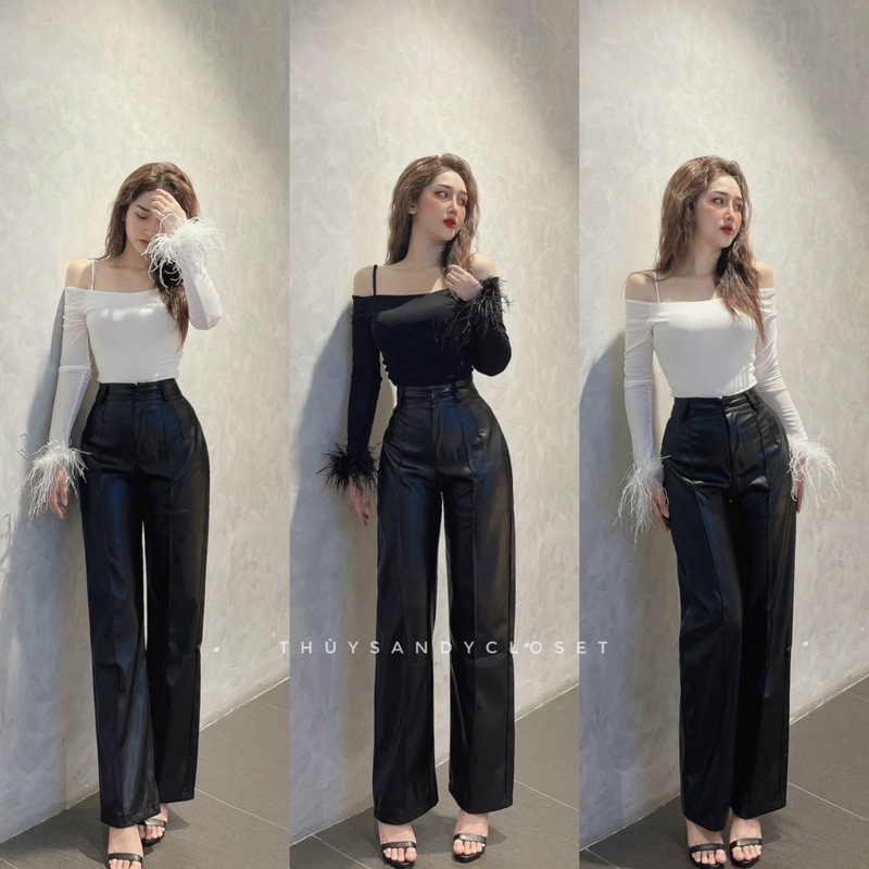 Áo Dây Kiểu Trễ Vai Tay Dài Phối Lông Vũ Dáng Croptop