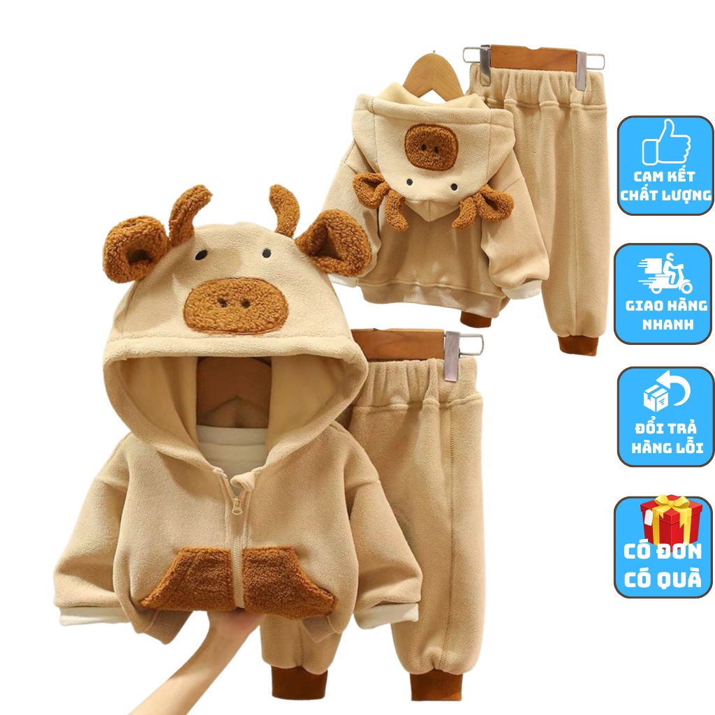 Bộ Nỉ Áo Khoác Có Mũ Tai Gấu Bộ Áo Khoác Quần Nỉ Thu Đông Cho Bé Từ 6-28Kg-KANGMIN KIDS